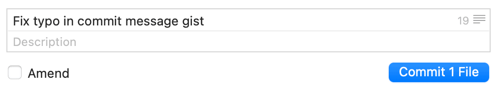 A Git UI (Git Fork) showing "Fix typo in commit message gist" in the title field, and an empty body field